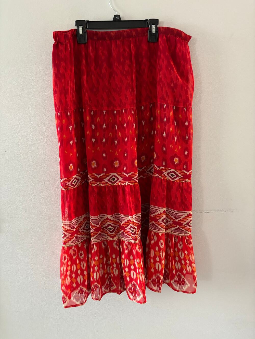 JM Collection Womens Tiered Maxi Skirt Size 12 Red Aztec Boho Southwestern